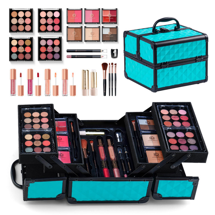 Color Nymph All In One Makeup Kit Comestics Gifts for Girls Teens, Travel Makeup Set 4 Trays Train Case for Beginner Includes Eyeshadow Highlighter L