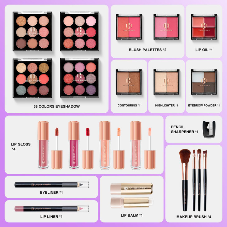 Color Nymph All in one Makeup Kit For Girls Teens, Makeup Set 4 Trays Spacious Space Train Case for Beginner with Eyeshadow Highlighter Lipgloss Blus