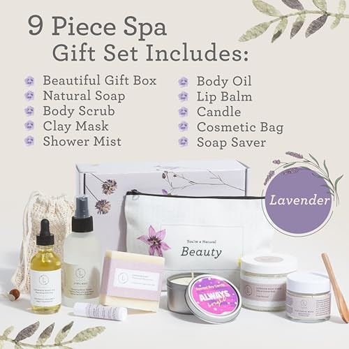 Lizush Luxury Spa Gifts for Women - 9 Piece Lavender Gifts for Her, Gift Baskets, Body Care Set for Mom, Birthday Box For Women, Self Care Spa Kit Fo