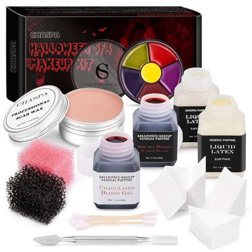 CHASPA Halloween Liquid Latex Special Effects SFX Makeup Kit - Scar Wax + 2 Btl Liquid Latex + 2 Btl Fake Blood + Spatula Tool + 2Pcs Stipple Sponge