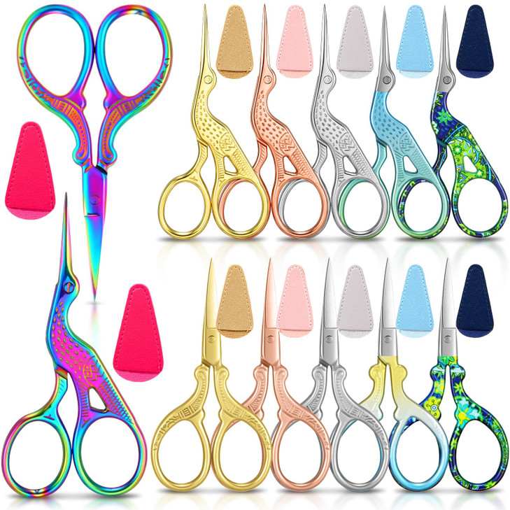Lasnten 24 Pcs Sewing Embroidery Scissors with Artificial Leather Cover 3.6" Stainless Steel Rainbow Stork Scissors Small Vintage Craft Sewing Tool f