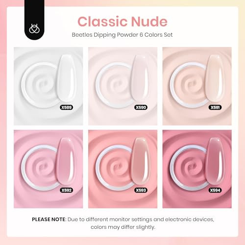 Beetles Dip Powder Nail Kit, 6 Colors Jelly Pink Nude Milky Translucent Powder Dipping Set for All Seasons, Manicure DIY Art at Home, No Need Nail La