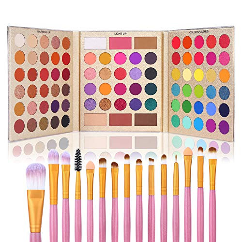 UCANBE Professional 86 Colors Eyeshadow Palette with 15pcs Makeup Brushes Set Matte Glitter Long Lasting Highly Pigmented Waterproof Contour Blush Po