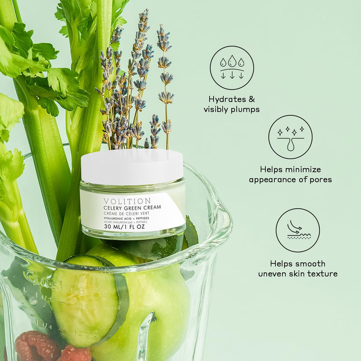 Volition Beauty Celery Green Cream with Hyaluronic Acid + Peptides - Purifies, Minimizes Pores and Controls Oil - 1oz