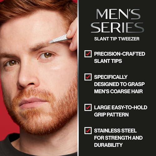 Revlon Slanted Tip Tweezers for Men, Ultra-Sharp for Precision Eyebrow Shaping and Facial Hair Removal, Larger Non-Slip Grip, Stainless Steel, 1 coun