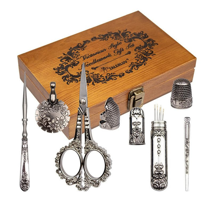 Tnfeeon Vintage Embroidery Scissors Set, Wooden European Stainless Steel Sewing Tools Kit for Embroidery, Needlework(Silver)
