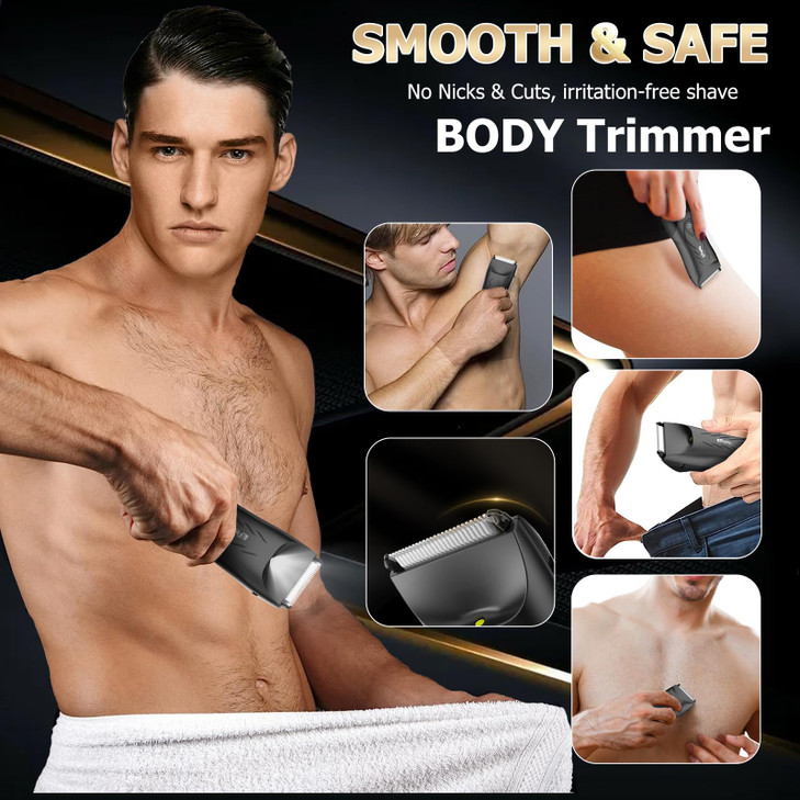 ENSSU Manscape Body Hair Trimmer for Men, Pubic Groin Hair Trimmer for Men with Safe Blade, Cordless Ball Shaver w/Light, Charging Dock, Waterproof B