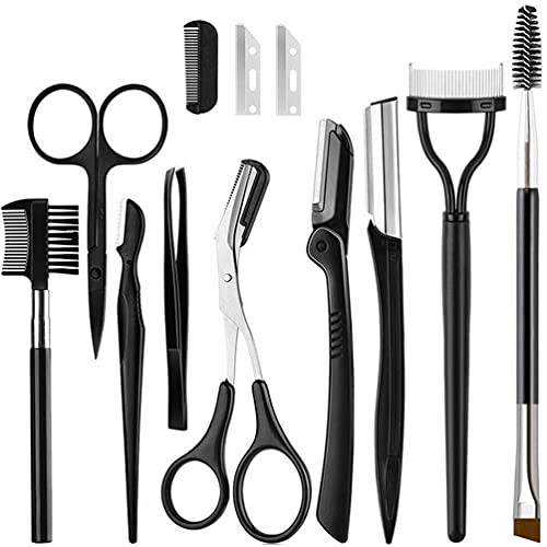 KINGMAS 9PCS Eyebrow Trimmer Kit, Face Razors, Facial Trimmer Shaver, Eyelash Comb, Angled Brush, Grooming Scissors, Brow Tweezers for Women