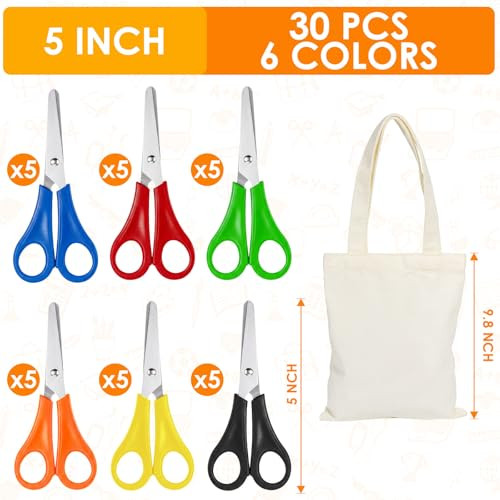 TINGSHU 31 Pack 5 Inch Kids Scissors Bulk | Stainless Steel Blades & Comfort-Grip Handle, Blunt Tip Scissors for Kids with a Non-Woven Bag