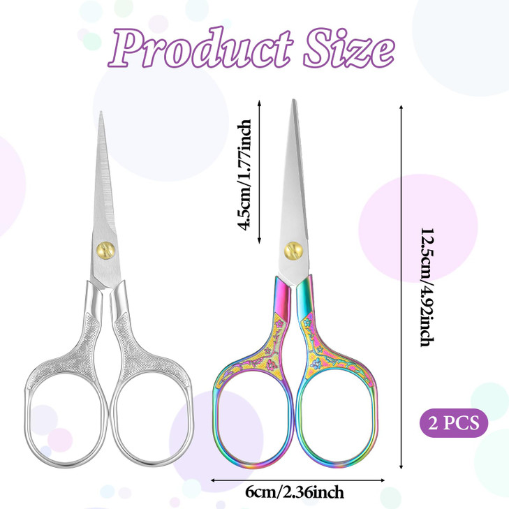 Psyqtsuary 2 Count Vintage Embroidery Scissors, Multicolor, Stainless Steel, 5 Inch, Ambidextrous, Compact, Zinc Alloy Handles, Sharp, Portable