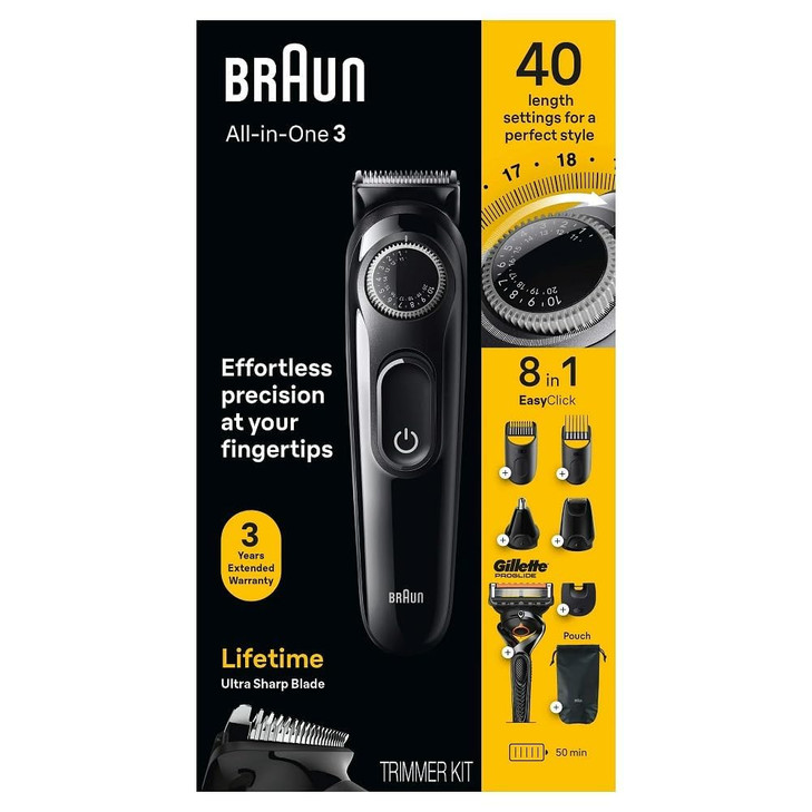 Braun All-in-One Style Kit Series 3 3470, 8-in-1 Trimmer for Men with BeardTrimmer, Ear & NoseTrimmer, Hair Clippers & More, Ultra-Sharp Blade, 40 Le