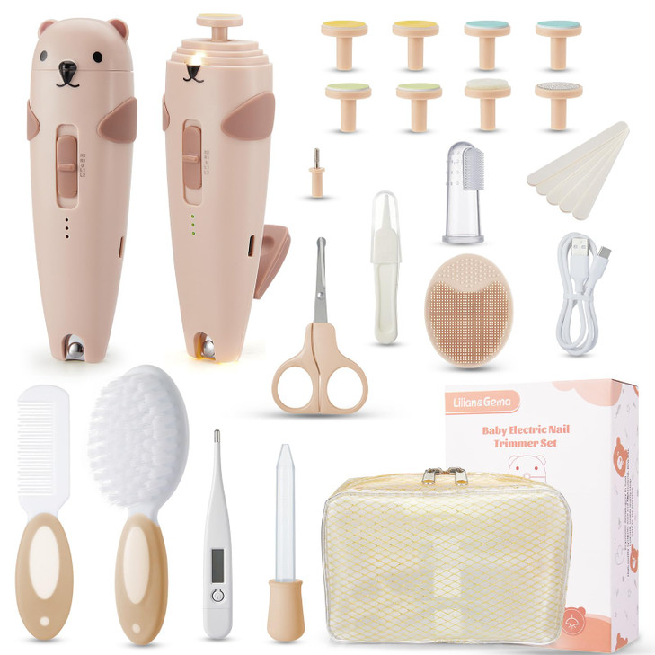 Lilian&Gema Baby Healthcare and Grooming Kit, 28-in-1 Rechargeable Nail Trimmer Electric Set, Dual Auto Light Baby Nail Care Kit, Portable Newborn Nu