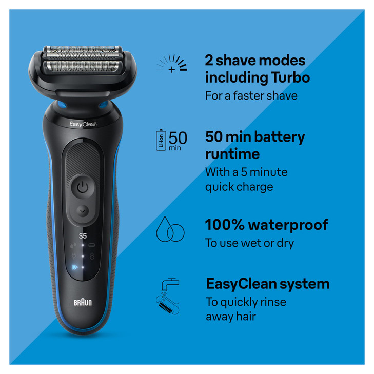 Braun Electric Shaver for Men, Series 5 5150cs, Wet & Dry Razor, Turbo Shaving Mode, Foil Shaver, with Beard Trimmer, Body Groomer and Charging Stand