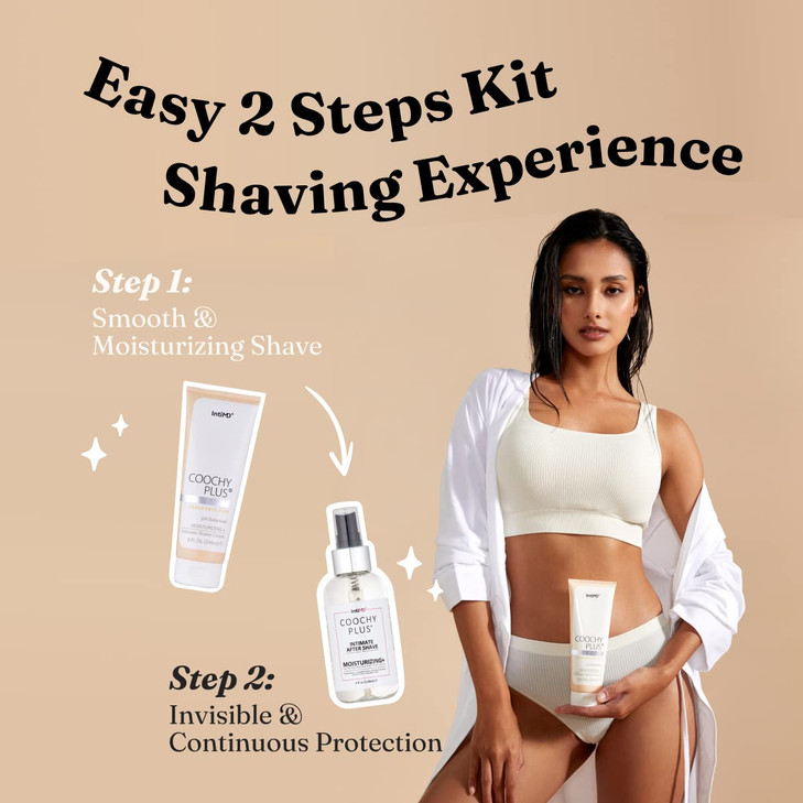 IntiMD Coochy Plus Intimate Shaving Complete Kit - Antioxidant Formula Prevents Razor Burns, Itchiness & Ingrown Hairs - Fragrance Free Shave Cream+A