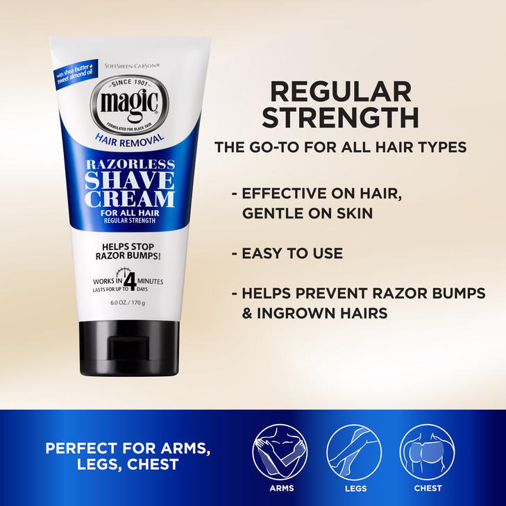 SoftSheen-Carson Magic Razorless Shaving Cream, Depilatory Hair Removal Cream for Body Hair, Regular Strength, Works in 4 Minutes, 6 Oz