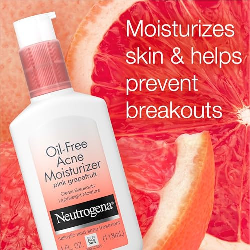 Neutrogena Oil Free Acne Moisturizer, .5% Salicylic Acid Acne Treatment, Pink Grapefruit Face Lotion for Breakouts, Non-Greasy & Non-Comedogenic, 4 f