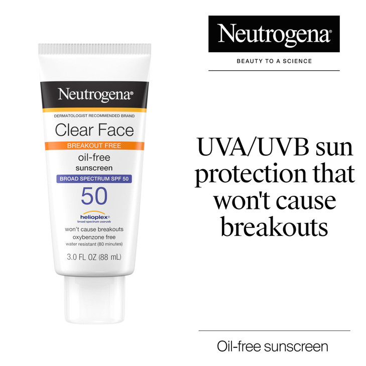 Neutrogena Clear Face Sunscreen Lotion for Acne-Prone Skin, Broad Spectrum SPF 50, Sunscreen for Face & Oily Skin, Oil-,Fragrance- & Oxybenzone-Free,