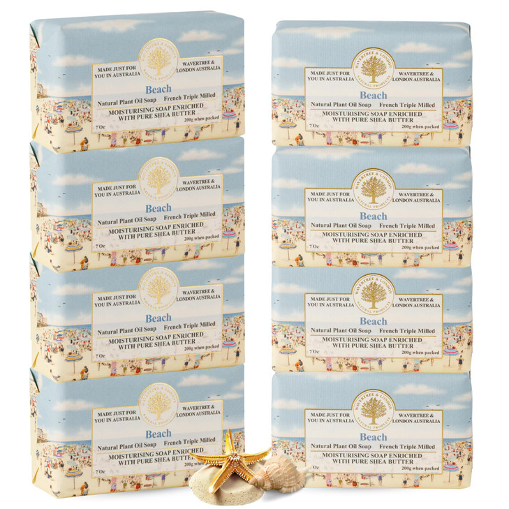Wavertree & London Beach Scented Natural Soap (8 Bars), 7oz Moisturizing French Triple Milled Soap Bars enriched with shea butter - Pure Plant Oil Ba