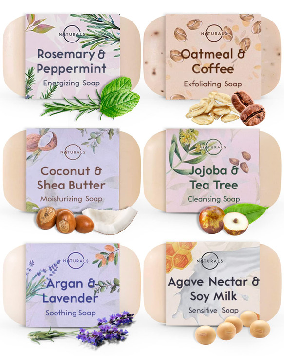 O NATURALS 100% Natural Bar Soap - Gift Set - Organic Ingredients & Essential Oils - Spa Gifts for Women & Men, Body Wash & Face Soap - 6PC Natural C
