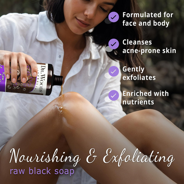 Dr. Woods Raw African Liquid Black Soap - Body Wash for Men and Women, Contains Organic Shea Butter, Gentle Exfoliant, Natural Cleanser for Face, Han