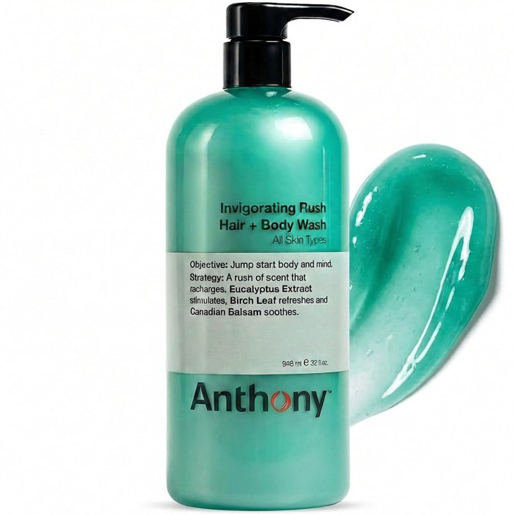 Anthony Mens Body Wash and Shampoo: Invigorating Rush 2-In-1 Liquid Gel Soap & Hair Shampoo, Pine Wood Scent, Hydrating with Eucalyptus, Canadian Bal