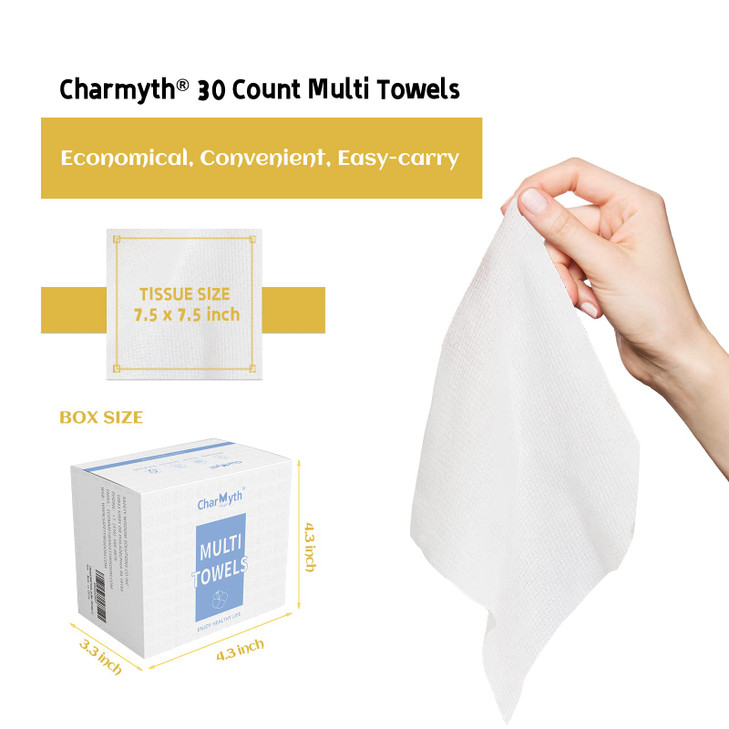Charmyth Disposable Face Towels 30 Count Extra Thick, Soft & Skin-Friendly Makeup Remover Wipes - Organic, Cruelty-Free, Degradable Dry Towels for Se