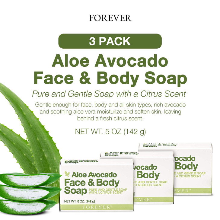 Forever Living - Aloe Avocado Face and Body Soap - Gentle Cleansing with Fresh Citrus Scent and Moisturizing - Pack of 3