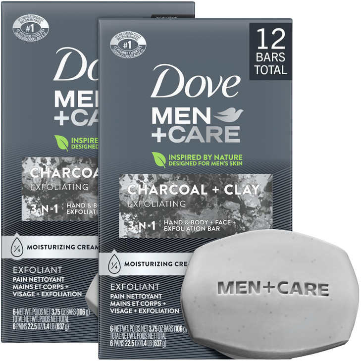 Dove Men+Care Body + Face Bar 2-Pack (12 Bars)  Exfoliating 3-in-1 Charcoal Soap with Clay for Skin Care, Hands & Shaving, 3.75 Oz Ea