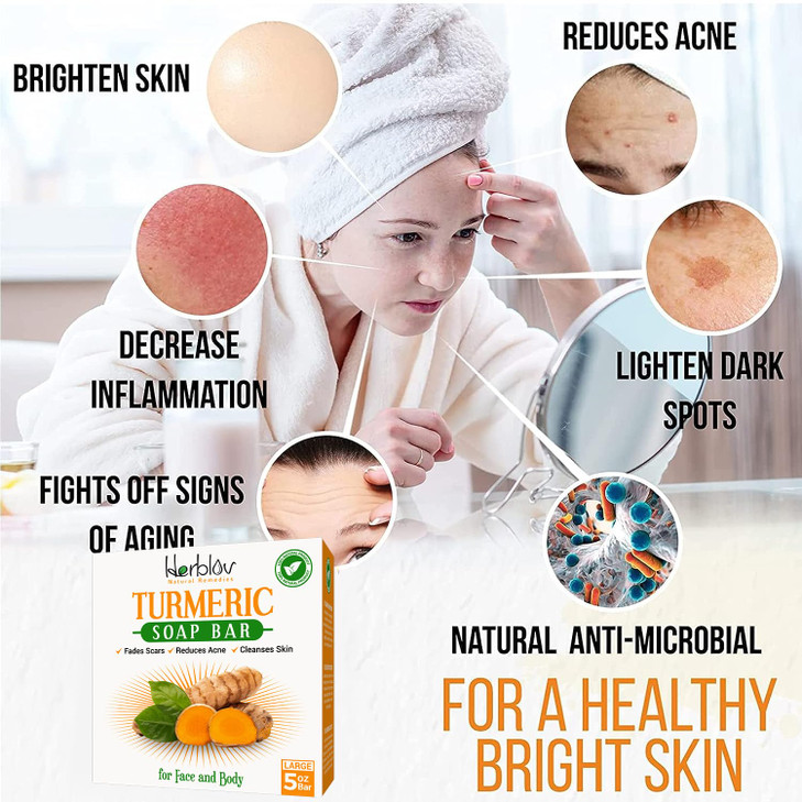 Herblov Natural Turmeric Soap Bar for Face & Body  Skin Brightening Soap for Dark Spots, Intimate Areas, Underarms  Exfoliating Face Wash Reduces A