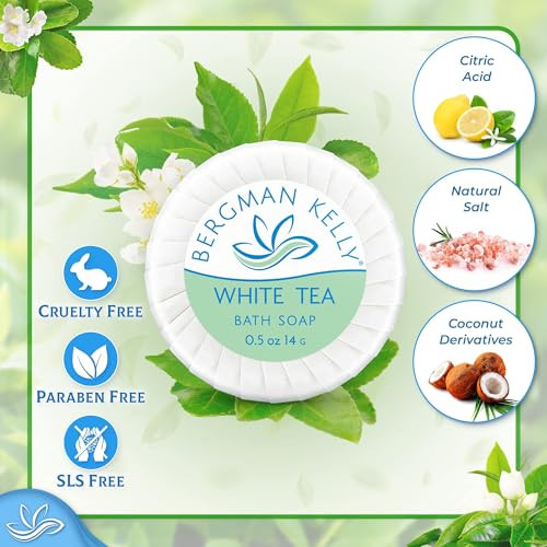 BERGMAN KELLY - Hotel Soap Bars - White Tea, 0.5 oz, 100 PK - Travel Size Luxury Bulk Amenities Bar Soap - Mini Individually Wrapped Round Soap - Sma