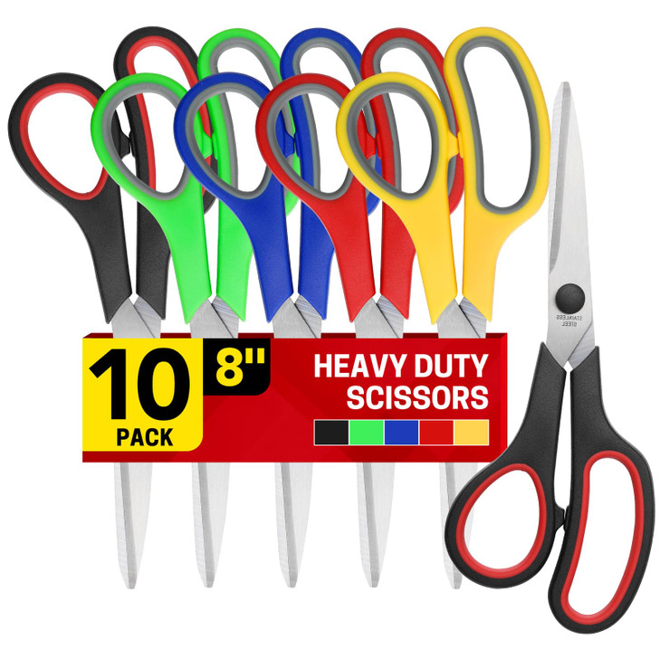 BURVAGY 8" 10 Pack All Purpose Heavy Duty Scissors- Comfort-Grip Sharp Scissors for Office School Sewing Fabric Craft High/Middle School Student Teac