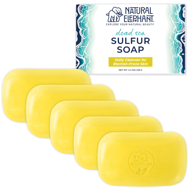 Natural Elephant Dead Sea Sulfur Soap 4.4 oz with Dead Sea Salt, Aloe Vera, Sulphur Face and Body Bar for All Skin Types (5 Pack (22 oz Total))