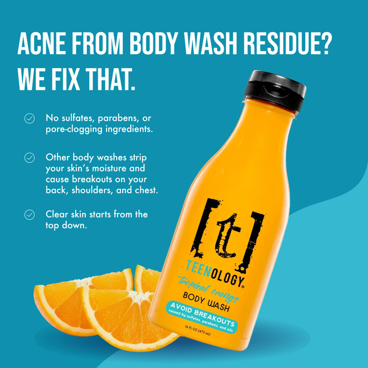 Teenology Body Wash for Teens, Avoid Acne Breakouts, Sulfate & Paraben Free, with Natural Botanical Extracts for Clear & Healthy Skin, 16 oz - (Tropi