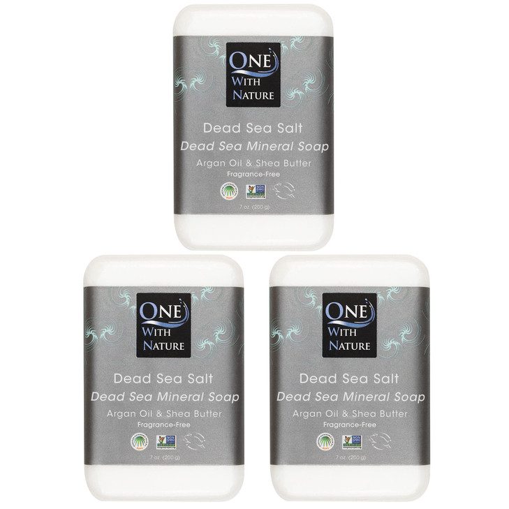 One With Nature Dead Sea Salt Soap 7oz 3-Pack  Purifying and Exfoliating Soap Bar with Dead Sea Minerals for Face & Body, for Men & Women. Unscented