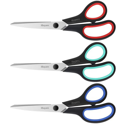iBayam 3-Pack 8" Heavy Duty Scissors with Ultra Sharp Blades and Comfort Grip Handles - For Office, Home, School, Sewing, and Crafts