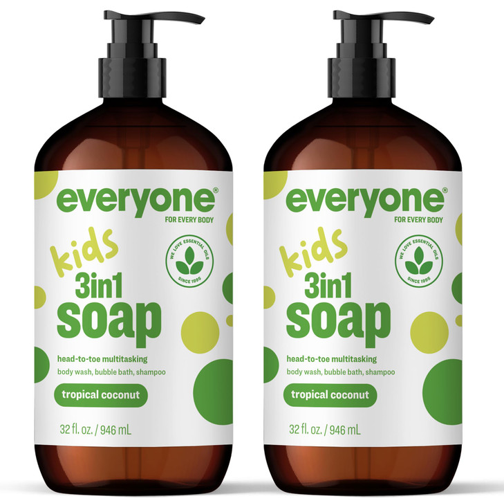 Everyone 3-in-1 Kids Soap, Body Wash, Bubble Bath, Shampoo, 32 Ounce (Pack of 2), Tropical Coconut, made with Essential Oils for Toddlers, tweens and