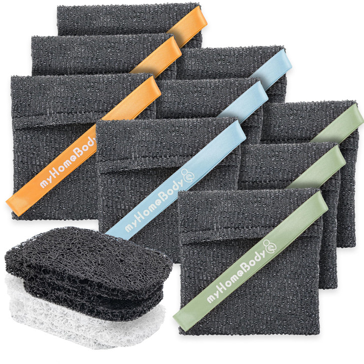 myHomeBody Soap Pocket Squares Exfoliating Pouch, Body Scrubber, Exfoliator Sponge for Bath or Shower, or Leftover Bits Saver, Graphite Gray, 9 Pack