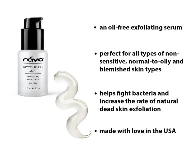 Raya Glycolic Gel GX-50 | Face Exfoliator & Serum | Against-Wrinkle Facial Serums with AHA for Oily & Break-Out Skin | Clears Blemishes, Reduces Oili