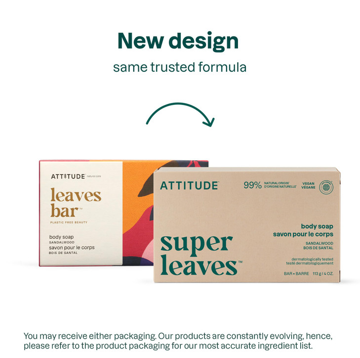 ATTITUDE Body Soap Bar, Natural Origin, Protects and Softens Dry Skin, Coconut & Olive Oils, For Men and Women, EWG verified & Vegan, Sandalwood, 4 O