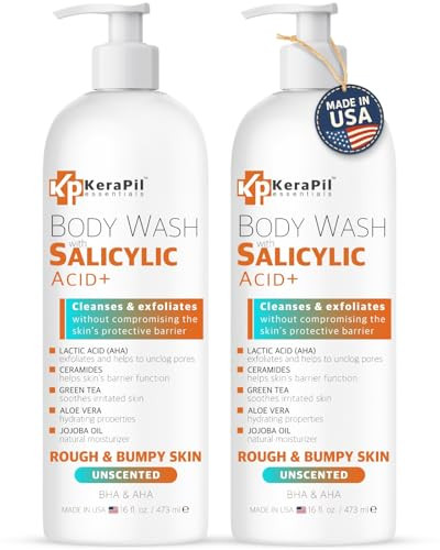 KERAPIL Salicylic Acid Body Wash - Skin Non-drying, Gentle Exfoliates Rough and Bumpy Skin, Body Acne Wash, BHA & AHA - Unscented Exfoliating Body Wa