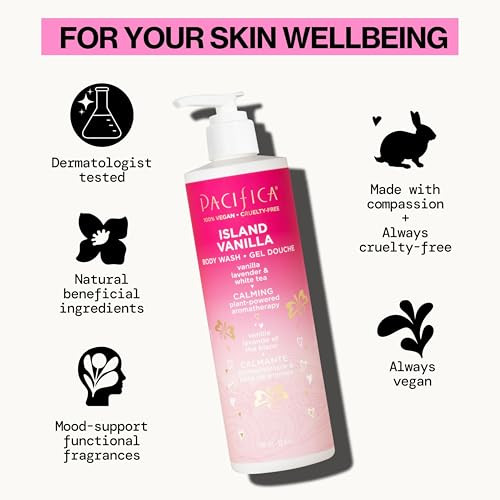 Pacifica Island Vanilla Body Wash Aloe + Hyaluronic Acid, Daily Cleansing, Bath & Shower Gel, Essential Oils, Clean, Vegan + Cruelty & Paraben Free,