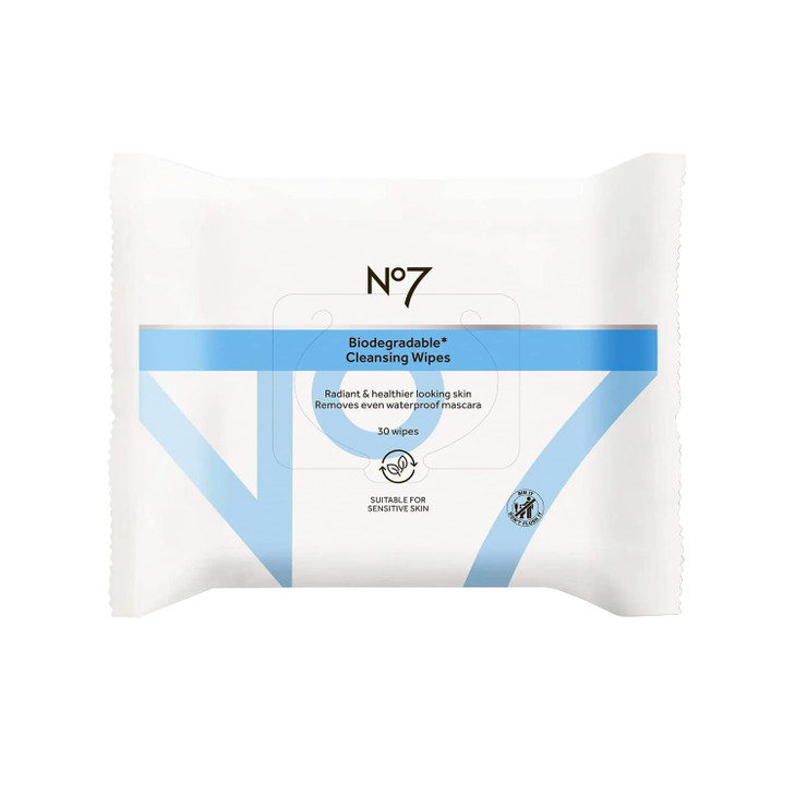No7 Biodegradable Cleansing Wipes - Waterproof Mascara & Makeup Remover Wipes - Vitamin B5 + Witch Hazel & Fennel Extract Facial Cleansing Wipes for