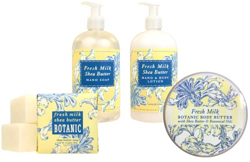 Greenwich Bay Fresh Milk Body Care Spa Quartet - Hand Soap, Lotion, Body Butter, and Soap Bar Square - Luxurious Shea Butter Skin Care in Captivating