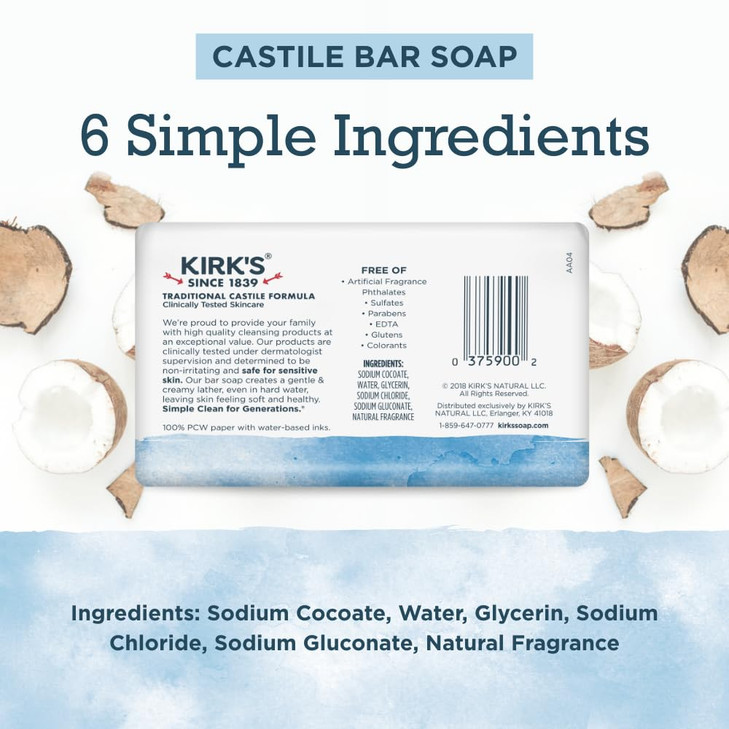 Kirk's Castile Bar Soap for Men, Women & Children - Made With Premium Coconut Oil, Sensitive Skin Formula, Vegan, Non GMO, Original Fresh Scent, 4 oz