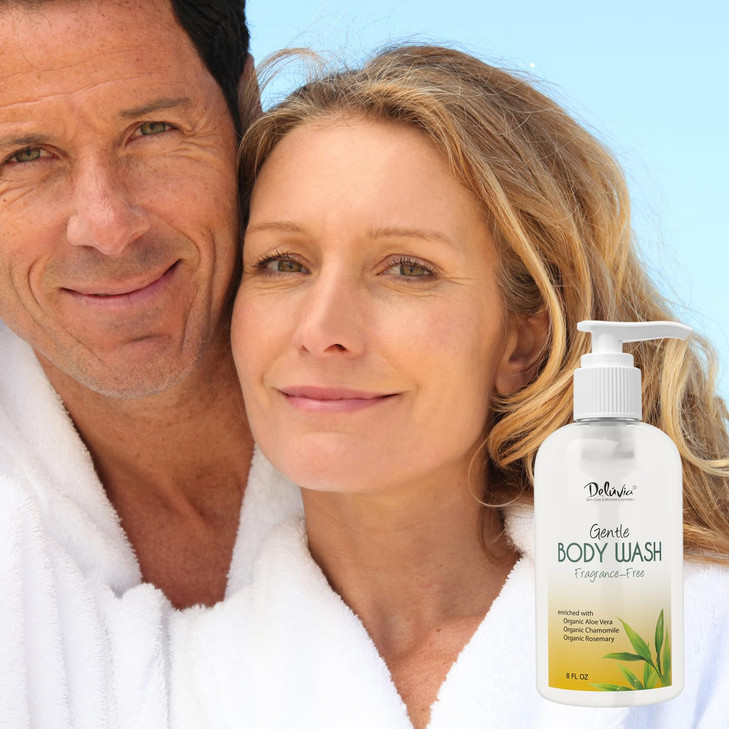 Deluvia Gentle Body Wash with Aloe, Organic Jojoba Seed Oil, Sweet Almond Oil, Vitamin E, Unscented, Moisturing Bath Wash for All Skin Types Includin