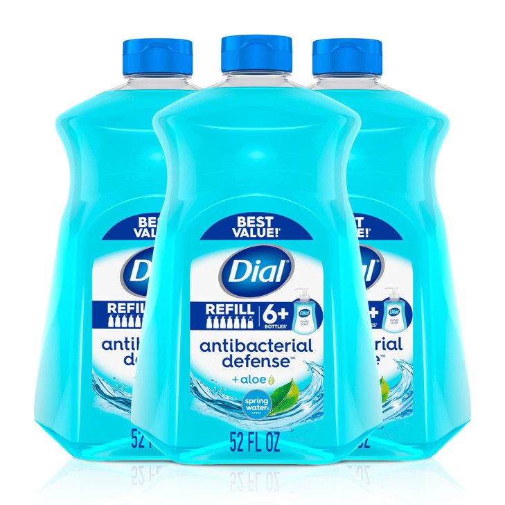 Dial Antibacterial Defense Liquid Hand Soap + Aloe, Spring Water Scent, 52 Fl Oz Hand Soap Refill (Pack of 3), Dermatologist-Tested, Gentle Formula