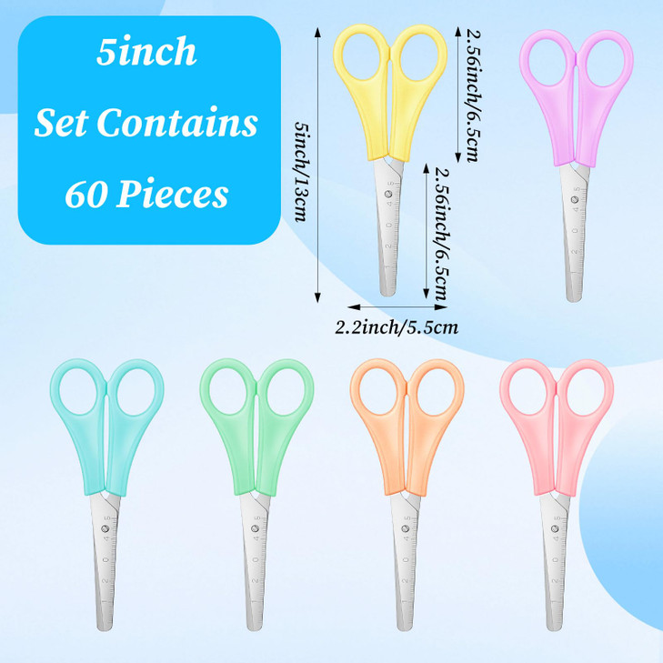 60 Pack Scissors Bulk for Kids, 5" Safety Blunt Tip Student Scissors, Student Scissor with Comfort Grip, Assorted Colors Kids Craft Scissor for Cutti