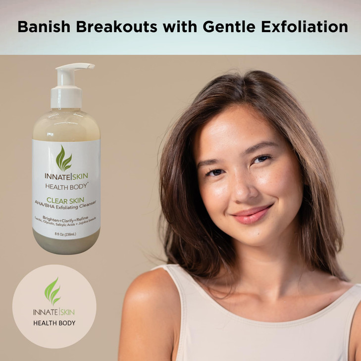 Clear Skin AHA BHA Exfoliating Cleanser Glycolic & Salicylic Acid Cleanser, Jojoba Beads - 8oz Pump