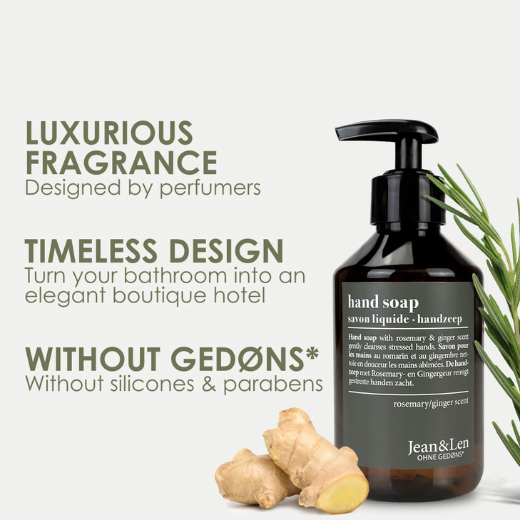 Jean & Len Hand Soap Rosemary & Ginger, gently cleanses stressed hands, suitable for daily use, liquid soap in pump dispenser, fresh and spicy fragra