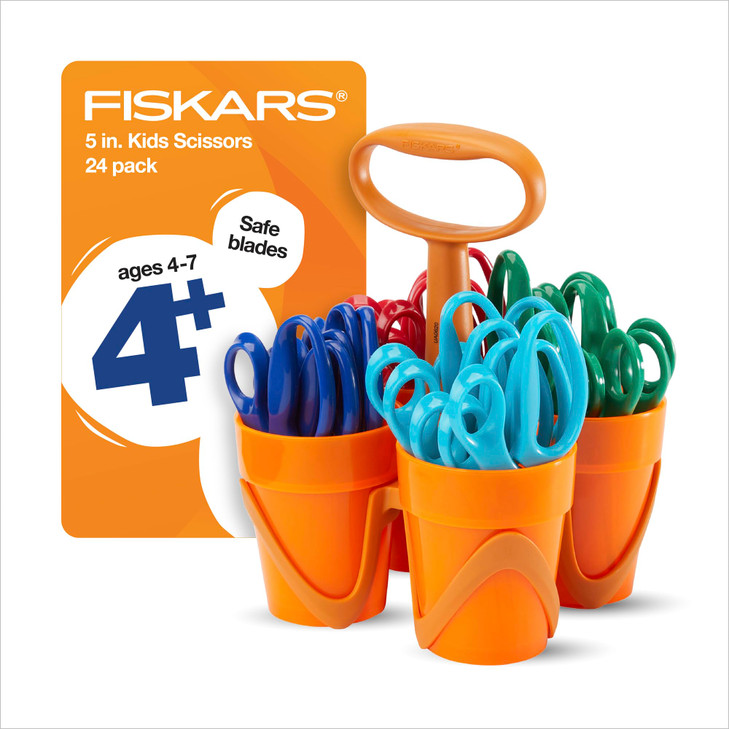 Fiskars 5" Blunt-Tip Scissors Classpack for Kids Ages 4-7 with Art Caddy Organizer (24-Pack), Kids Scissors for School or Crafting, Back to School Su